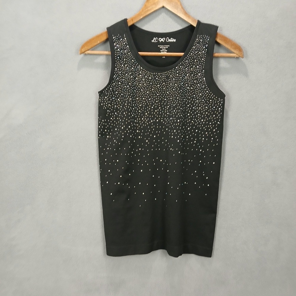 LC‎ Couture Tank Top Womens L/XL Black Sparkly Embellished Wide Strap Round Neck